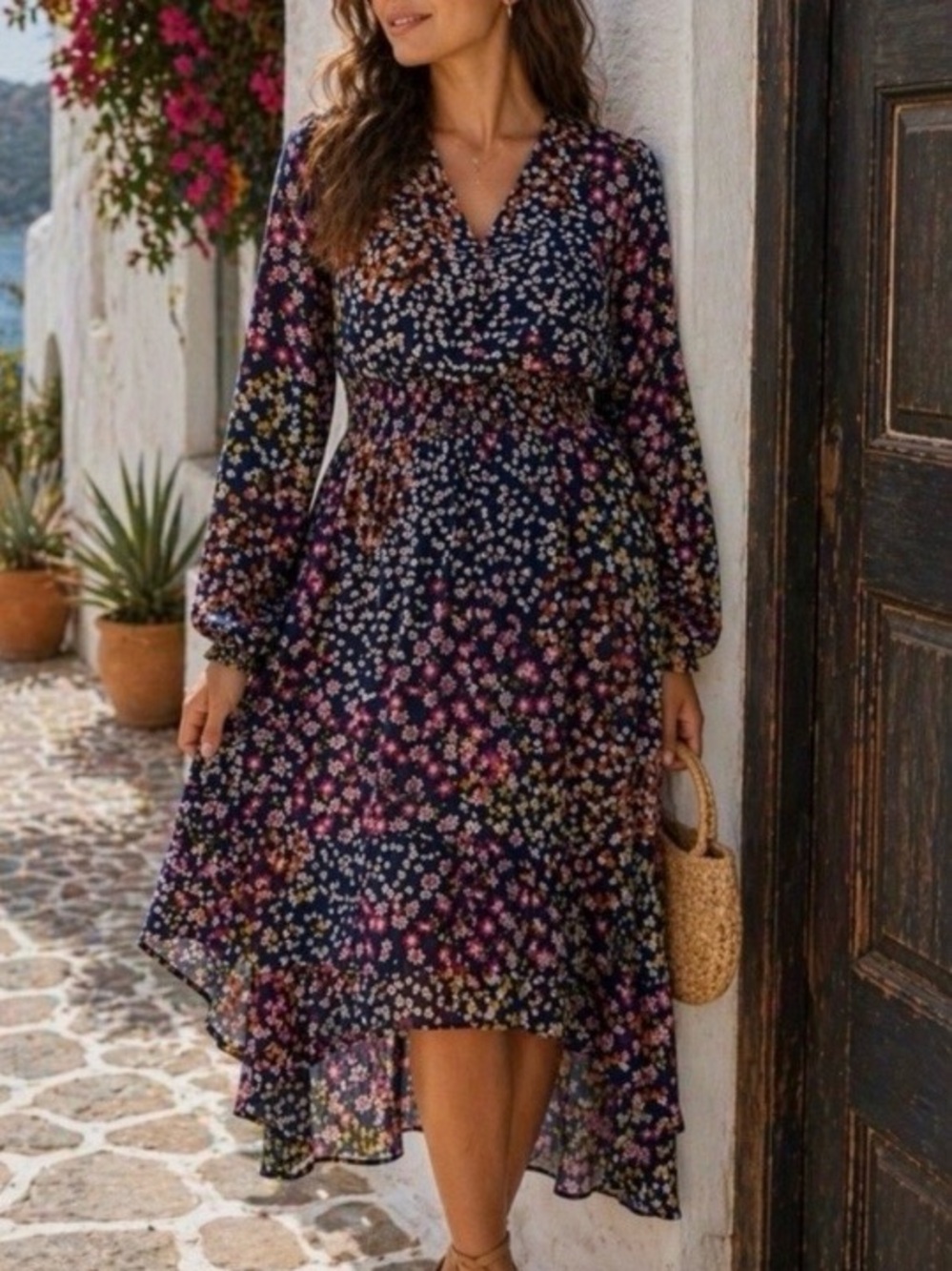 Nanette Lepore Navy Multi-Color Floral High-Low Midi Dress